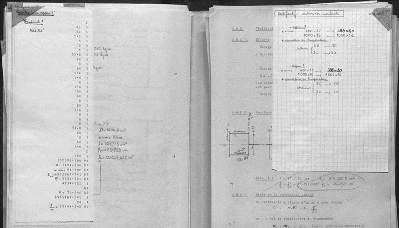 Handwritten and typed calculations in a ledger, highlighting the complexity of engineering archives before digitisation.